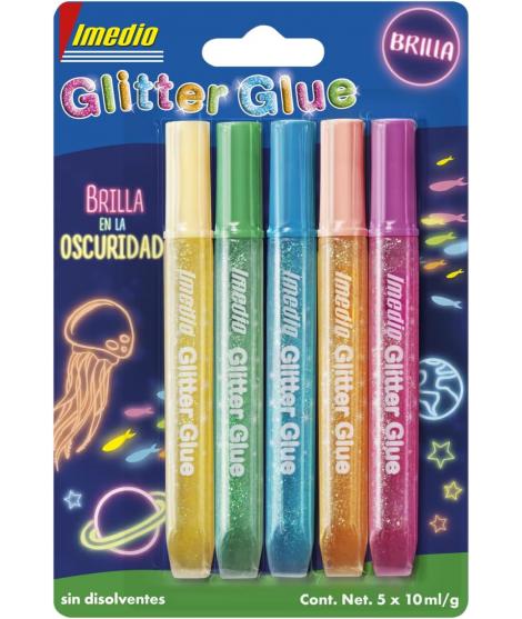 Imedio Glitter Glue "Brilla en la Oscuridad" Pack de 5 Tubos de Pegamento con Brillantina 10ml - Brilla en la Oscuridad - Para D