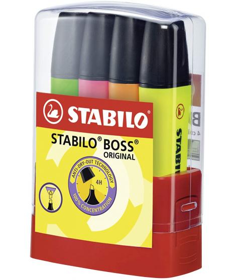 Stabilo Boss 70 Parade Set de Escritorio con 4 Marcadores Fluorescentes - Trazo entre 2 y 5mm - Recargable - Tinta con Base de A