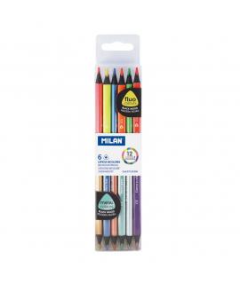 Milan Pack de 6 Lapices Bicolores Triangulares - Mina de 2.9mm - Forma Ergonomica - Resistente a la Rotura - Colores Fluo y Meta