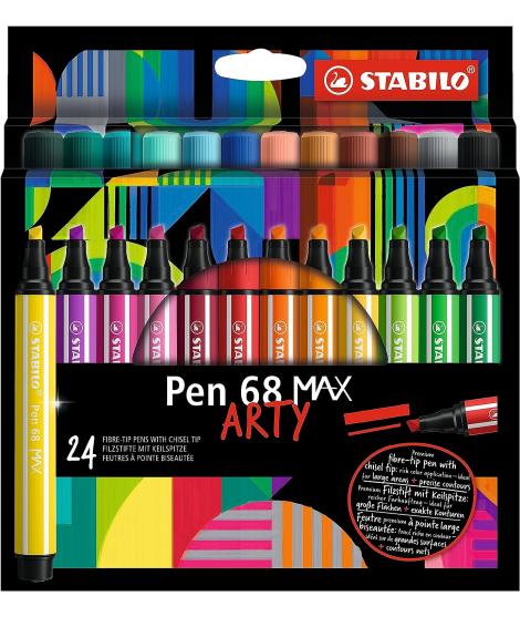 Stabilo Pen 68 MAX Arty Pack de 24 Rotuladores - Punta de Fibra Biselada - Trazo entre 1-5mm aprox. - Tinta a Base de Agua - Col