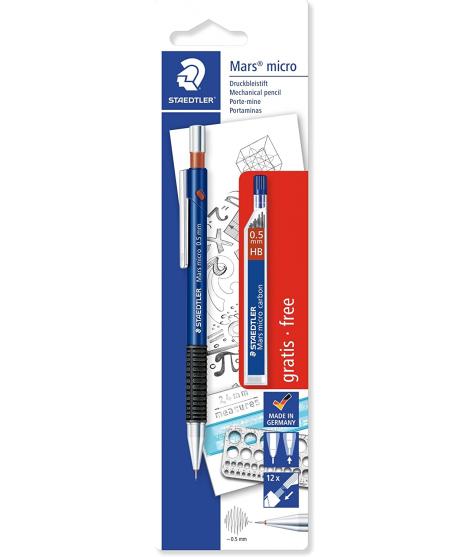 Staedtler Mars Micro Pack de 1 Portaminas 0.5mm + 1 Tubo de 12 Minas - Minas HB - Zona de Agarre de Goma