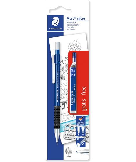 Staedtler Mars Micro Pack de 1 Portaminas 0.7mm + 1 Tubo de 12 Minas - Minas HB - Zona de Agarre de Goma