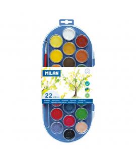 Milan 80022 Estuche de 22 Acuarelas Ø30 mm + Pincel Serie 101 - Mezclable - Colores Surtidos
