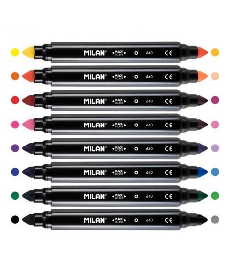 Milan Pack de 8 Rotuladores Maxi Bicolor Doble Punta - Punta Conica 7.5mm - Tinta al Agua - Lavable - Colores Surtidos