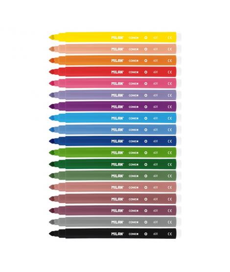 Milan Pack de 18 Rotuladores - Punta Conica 5mm - Tinta al Agua - Lavable - Colores Surtidos