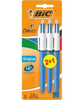 Bic 4 Colours Original Pack de 3 Boligrafos de Bola Retractil - Punta Media de 1.0mm - Tinta con Base de Aceite - Cuerpo Azul/Bl