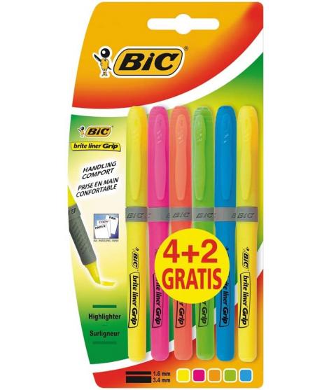 Bic Brit Liner Grip 4+2 Pack de 6 Marcadores Fluorescentes - Tinta con Base de Agua - Punta Biselada - Trazo entre 1.60 y