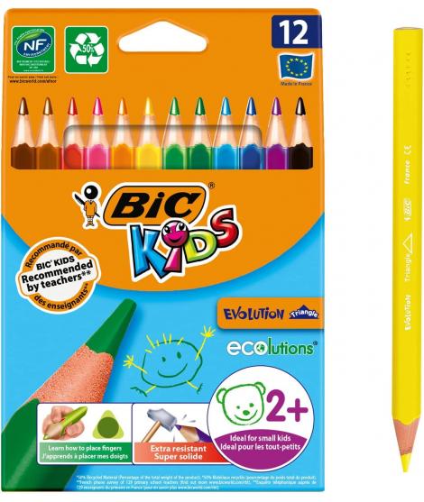 Bic Kids Evolution Triangle Pack de 12 Lapices de Colores Triangulares - Punta Ultraresistente - Sin Madera