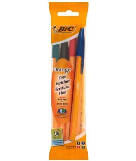 Bic Orange Original Fine Pack de 4 Boligrafos de Bola - Punta Redonda de 0.8mm - Trazo de 0.3mm - Tinta con Base de Aceite -