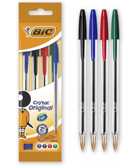 Bic Cristal Original Pack de 4 Boligrafos de Bola - Punta Redonda de 1.0mm - Trazo 0.4mm - Tinta con Base de Aceite - Colores