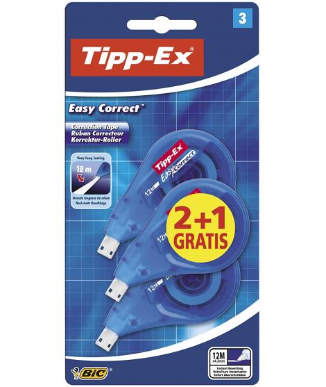 Tipp-Ex Easy Correct 2+1 Pack de 3 Cintas Correctoras 4.2mm x 12m - Resistente - Escritura Instantanea (Blister)
