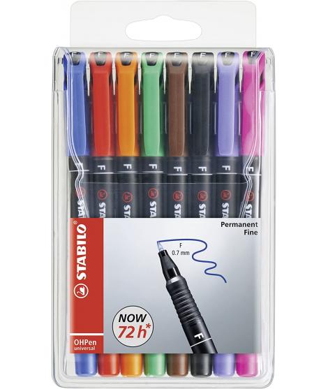 Stabilo OHPen Pack de 8 Rotuladores Permanentes - Punta Fina - Trazo de 0.7mm - Agarre Antideslizante - Tapon Ventilado - Colore