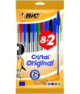 Bic Cristal Original Pack de 10 Boligrafos de Bola - Punta Redonda de 1.0mm - Trazo 0.4mm - Tinta con Base de Aceite - Colores