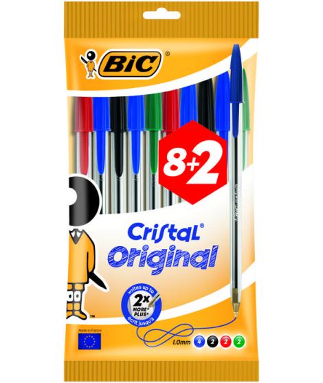 Bic Cristal Original Pack de 10 Boligrafos de Bola - Punta Redonda de 1.0mm - Trazo 0.4mm - Tinta con Base de Aceite - Colores S