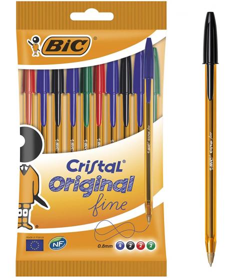 Bic Cristal Original Fine Pack de 10 Boligrafos de Bola - Punta Redonda de 0.8mm - Trazo de 0.30mm - Tinta con Base de Aceite - 
