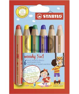 Stabilo Woddy 3 en 1 Pack de 6 Lapices de Colores - Lapiz de Color, Cera y Acuarela, Todo en Uno - Mina XXL 10mm - Colores Surti