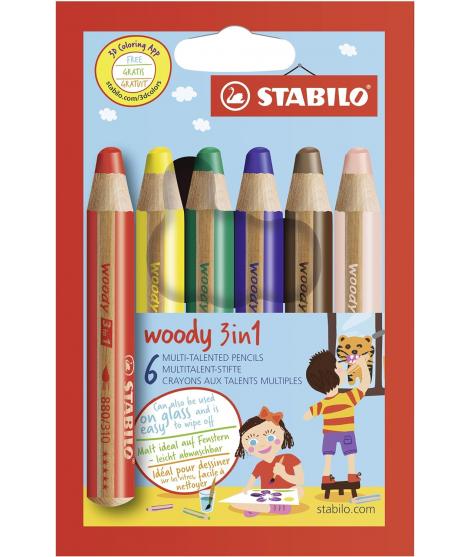 Stabilo Woddy 3 en 1 Pack de 6 Lapices de Colores - Lapiz de Color, Cera y Acuarela, Todo en Uno - Mina XXL 10mm - Colores Surti