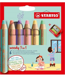 Stabilo Woddy 3 en 1 Pack de 6 Lapices de Colores Pastel + Sacapuntas - Lapiz de Color, Cera y Acuarela, Todo en Uno - Mina XXL 