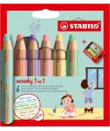 Stabilo Woody 3 en 1 Pack de 6 Lapices de Colores Pastel + Sacapuntas - Lapiz de Color, Cera y Acuarela, Todo en Uno - Mina XXL 