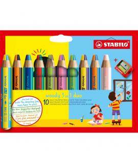 Stabilo Woddy 3 en 1 Duo Pack de 10 Lapices de Colores + Sacapuntas - Mina 2 Colores XXL 10mm - Lapiz de Color, Cera Acuarela, 