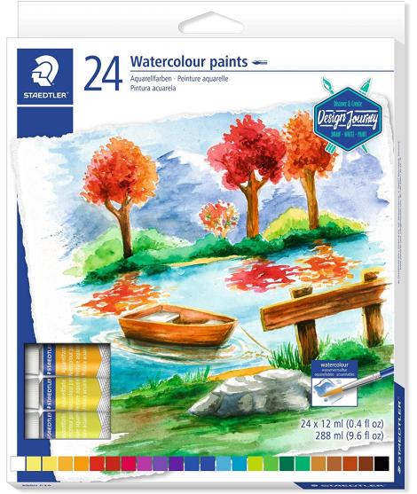 Staedtler Pack de 24 Tubos de Acuarela 12ml - Colores Brillantes - Usar en Papel Acuarela o Cartulina - Colores Surtidos