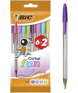 Bic Cristal Fun 6+2 Pack de 8 Boligrafos de Bola - Punta Redonda de 1.6mm - Trazo 0.42mm - Tinta con Base de Aceite - Colores