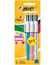 Bic 4 Colours Shine 2+1 Pack de 3 Boligrafos de Bola Retractil - Punta Media de 1.0mm - Tinta con Base de Aceite - Cuerpo de Col
