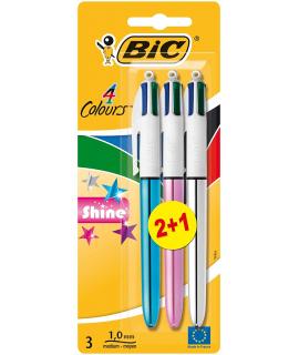 Bic 4 Colours Shine 2+1 Pack de 3 Boligrafos de Bola Retractil - Punta Media de 1.0mm - Tinta con Base de Aceite - Cuerpo de Col