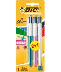 Bic 4 Colours Shine 2+1 Pack de 3 Boligrafos de Bola Retractil - Punta Media de 1.0mm - Tinta con Base de Aceite - Cuerpo de