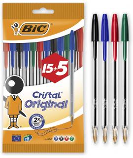 Bic Cristal Original 15+5 Pack de 20 Boligrafos de Bola - Punta Redonda de 1.0mm - Trazo 0.4mm - Tinta con Base de Aceite - Colo