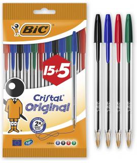 Bic Cristal Original 15+5 Pack de 20 Boligrafos de Bola - Punta Redonda de 1.0mm - Trazo 0.4mm - Tinta con Base de Aceite - Colo