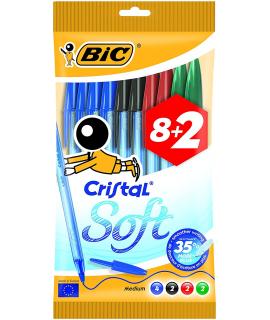 Bic Cristal Soft Pack de 10 Boligrafos de Bola - Punta Media de 1.2mm - Trazo 0.45mm - Escritura mas Fluida - Colores Surtidos