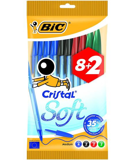 Bic Cristal Soft Pack de 10 Boligrafos de Bola - Punta Media de 1.2mm - Trazo 0.45mm - Escritura mas Fluida - Colores Surtidos