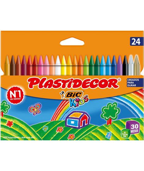 Bic Kids Plastidecor Caja de 24 Lapices de Cera - Extraresistentes - Facil de Sacar Punta - No Mancha