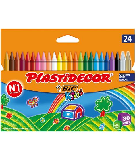 Bic Kids Plastidecor Caja de 24 Lapices de Cera - Extraresistentes - Facil de Sacar Punta - No Mancha