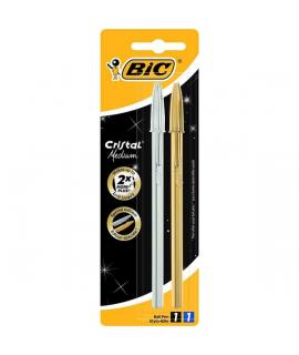 Bic Cristal Shine Pack de 2 Boligrafos de Bola - Punta Media de 1.0mm - Tinta con Base de Aceite - Cuerpo Plateado y Dorado - Co