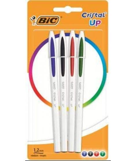 Bic Cristal Up Pack de 4 Boligrafos de Bola - Punta Redonda de 1.2mm - Trazo 0.6mm - Tinta con Base de Aceite - Cuerpo Blanco - 