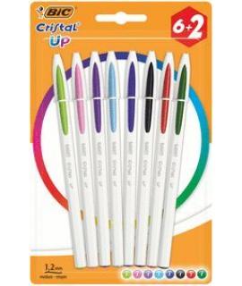 Bic Cristal Up Pack de 8 Boligrafos de Bola - Punta Redonda de 1.2mm - Trazo 0.6mm - Tinta con Base de Aceite - Cuerpo Blanco - 