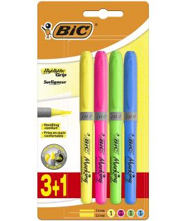 Bic Highlighter Grip Pack de 4 Marcadores Fluorescentes - Tinta con Base de Agua - Punta Biselada - Trazo entre 1.60 y 3.30mm - 