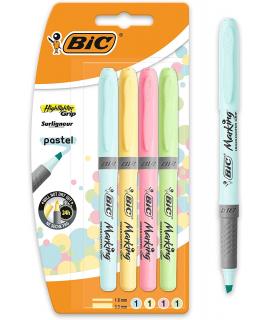 Bic Highlighter Grip Pack de 4 Marcadores Fluorescentes Pastel - Tinta con Base de Agua - Punta Biselada - Trazo entre 1.60 y