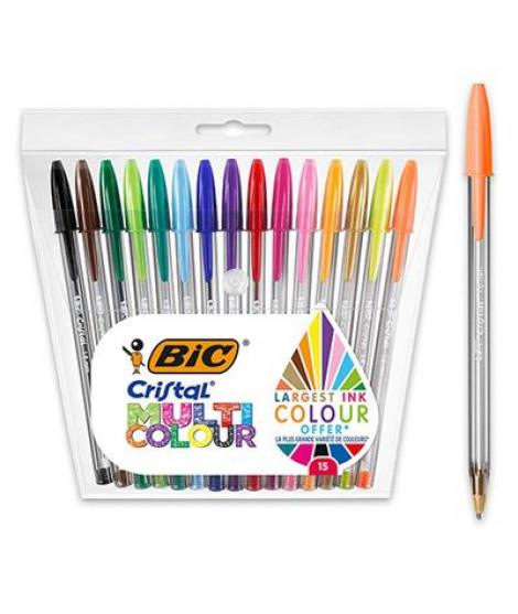 Bic Cristal Multicolour Pack de 15 Boligrafos de Bola - Punta 1.6mm - Trazo 0.42mm - Tinta con Base de Aceite - Colores