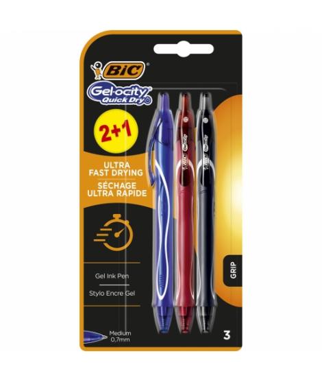 Bic Gel-Ocity Quick Dry 2+1 Pack de 3 Boligrafos Retractiles - Grip de Goma - Punta Media de 0.7mm - Secado Ultra Rapido - No Ma