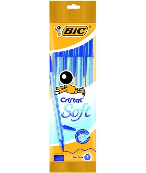 Bic Cristal Soft Pack de 4 Boligrafos de Bola - Punta Media de 1.2mm - Trazo 0.45mm - Escritura mas Fluida - Color Azul