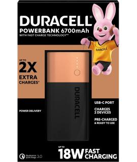 Duracell Bateria Externa/Power Bank 6700mAh PD 18W y QC 3.0 - 1x USB-A, 1x USB-C - Indicadores Led - 2 Dispositivos Simultaneame