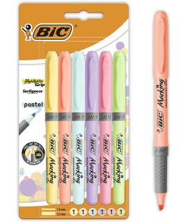 Bic Highlighter Grip Pack de 6 Marcadores Fluorescentes Pastel - Tinta con Base de Agua - Punta Biselada - Trazo entre 1.60 y