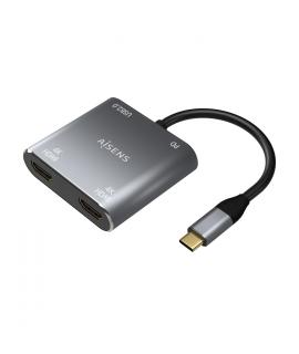 Aisens Conversor USB-C a 2xHDMI 4K SST MST/USB2.0/USB-C PD 60W - USB-C/M-2xHDMI/H-USB-A/H-USB-C/H - 15CM - Color Gris