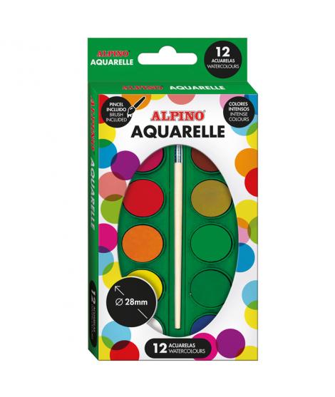 Alpino Pack de 12 Acuarelas - 28mm Diametro - Colores Intensos - Incluye Pincel - Colores Surtidos