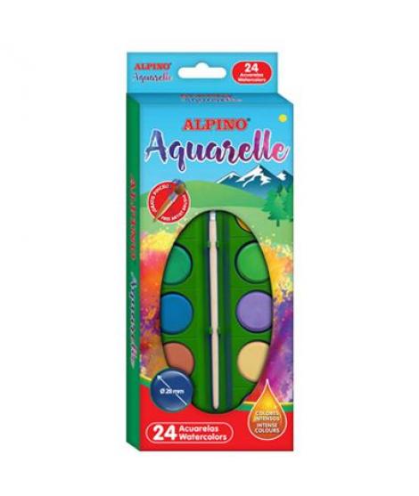 Alpino Pack de 24 Acuarelas - 28mm Diametro - Colores Intensos - Incluye Pincel - Colores Surtidos