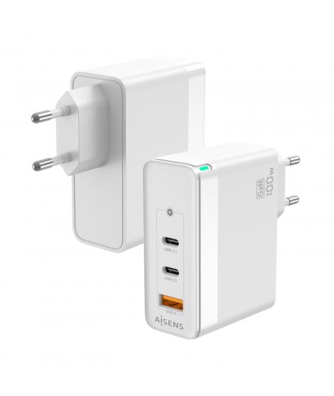 Aisens Cargador GAN 100W - 2xUSB-C PD3.0 QC4.0 QC5.0 - 1xUSB-A QC3.0 - Color Blanco