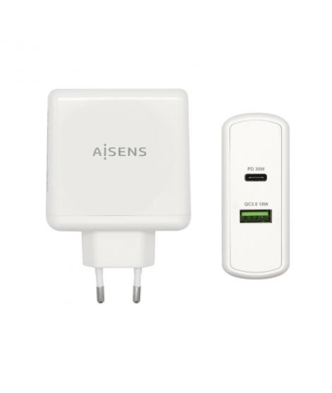 Aisens Cargador para Smartphone 48W 1x USB-C PD3.0 30W, 1x USB-A QC3.0 18W